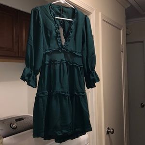emerald green ruffle deep V dress !